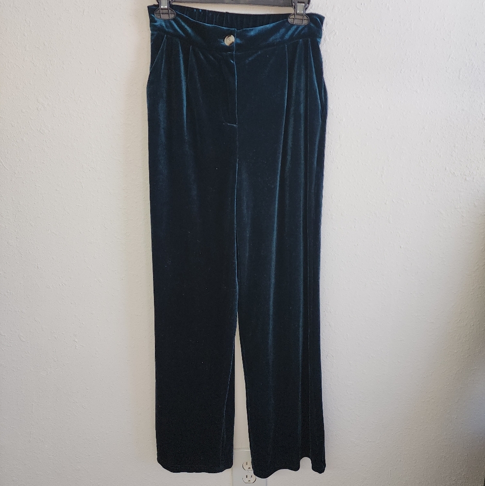 Wide Leg Velvet Pants in Deep Teal - Elegant Women's Trousers